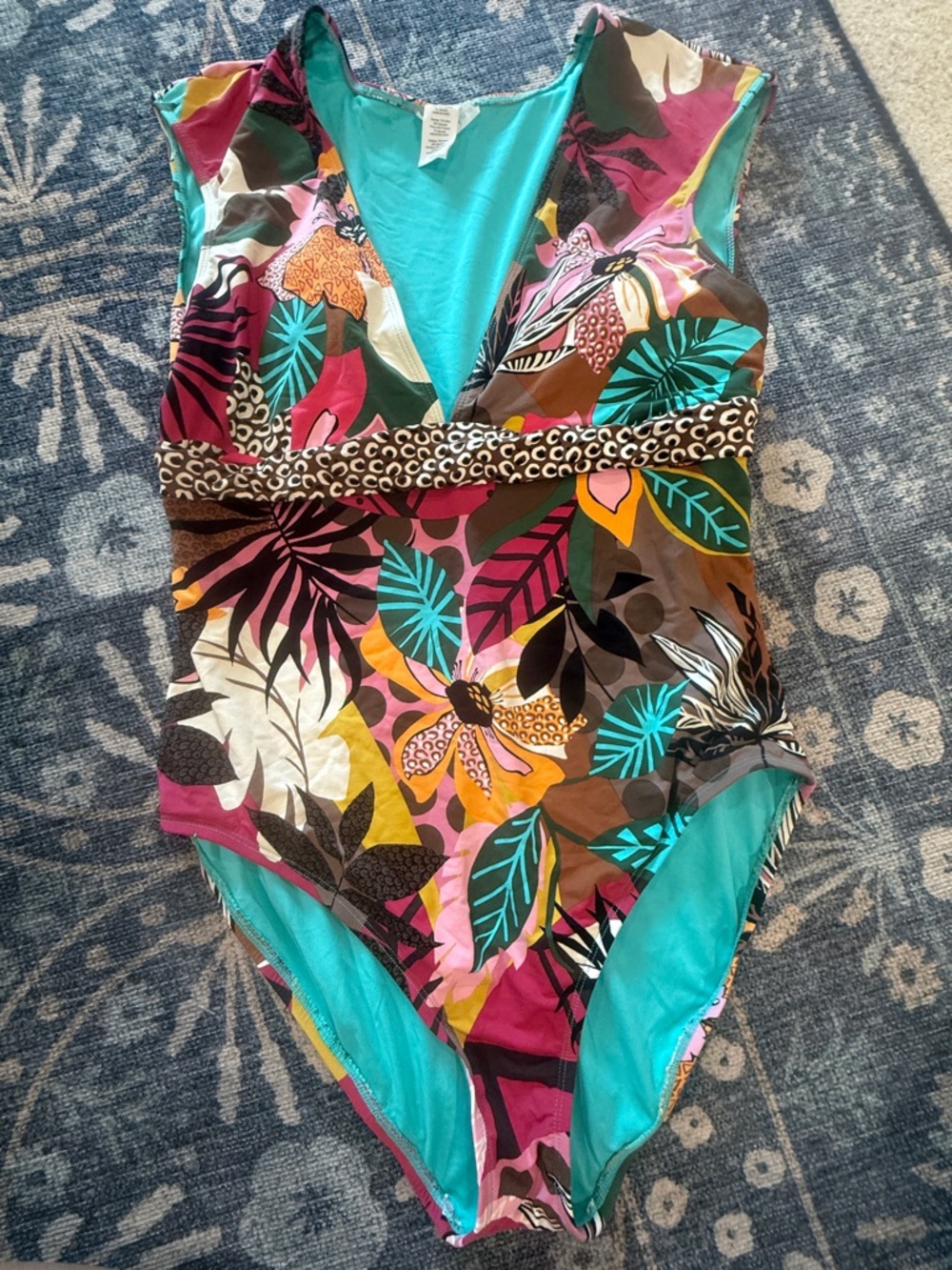 Tropical Print One-Piece Swimsuit in Teal and Pink
